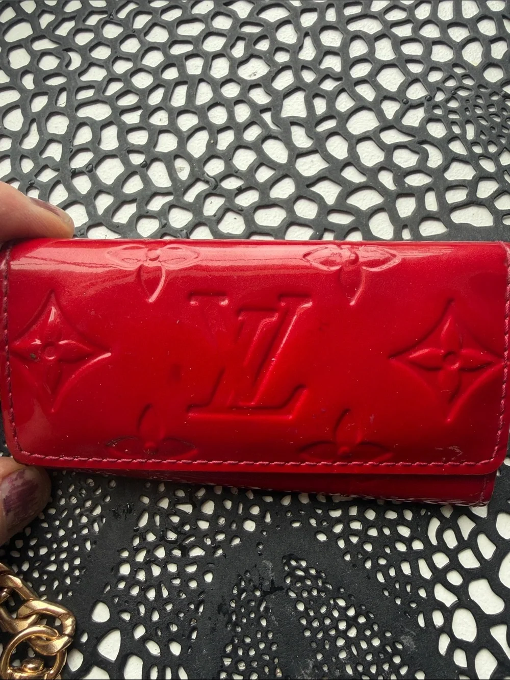 Louis Vuitton Vernis Red Patent Key Case with Gold Chain
